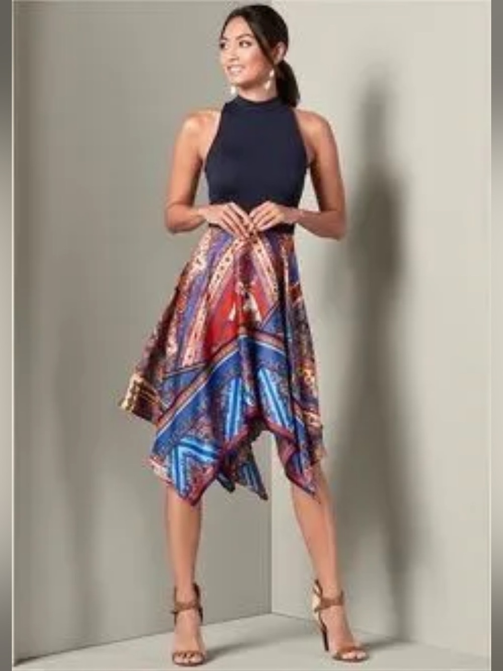 #257- Navy Halter Top Dress with Multi-Color Handkerchief Skirt